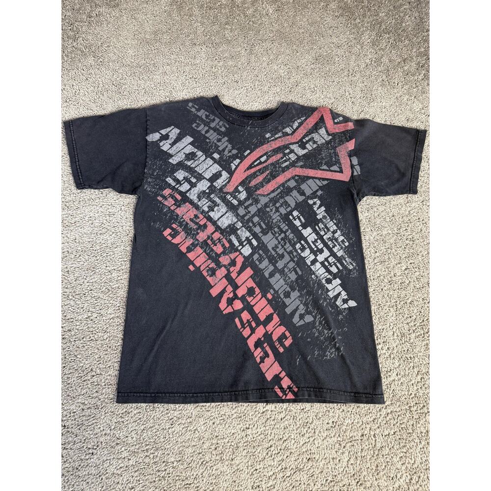 Vintage Alpinestars Shirt Mens M Black Large AOP Diagonal Graphic Y2K Crew Neck